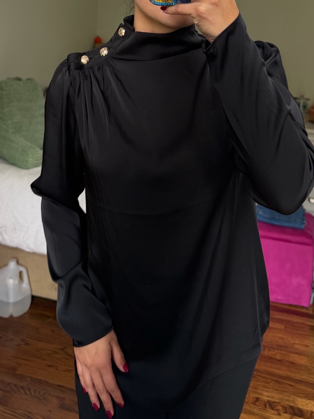 Maison d’Amelie Women's Black High-Neck Blouse with Shoulder Buttons